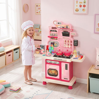 AIYAPLAY Play Kitchen, 33 PCS Kids Kitchen Playset with Lights, Sounds, Storage, Circulating Water Sink for 3-6 Years, Pink