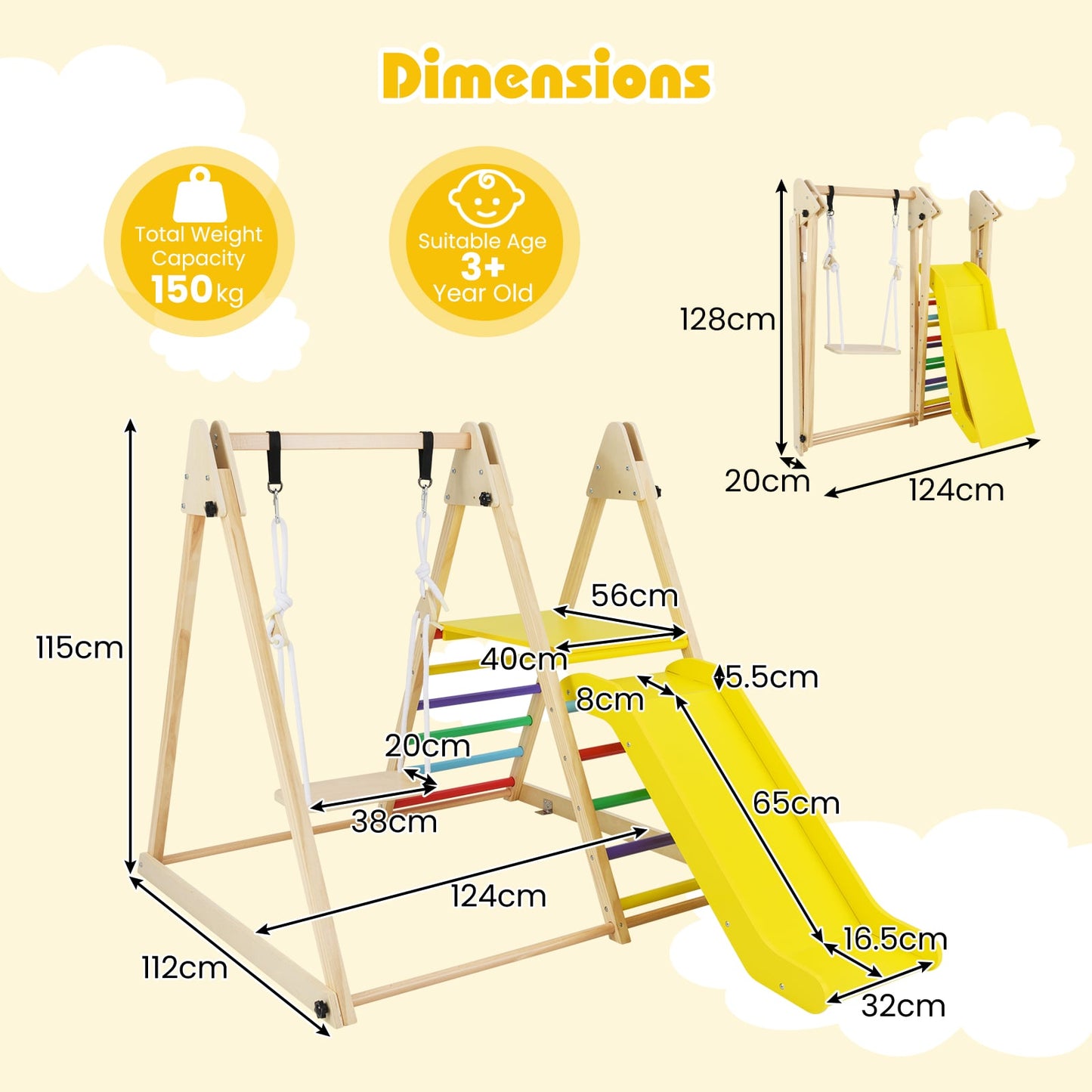 3-in-1 Foldable Indoor Jungle Gym Wooden Climbing Toys with Swing-Multicolor