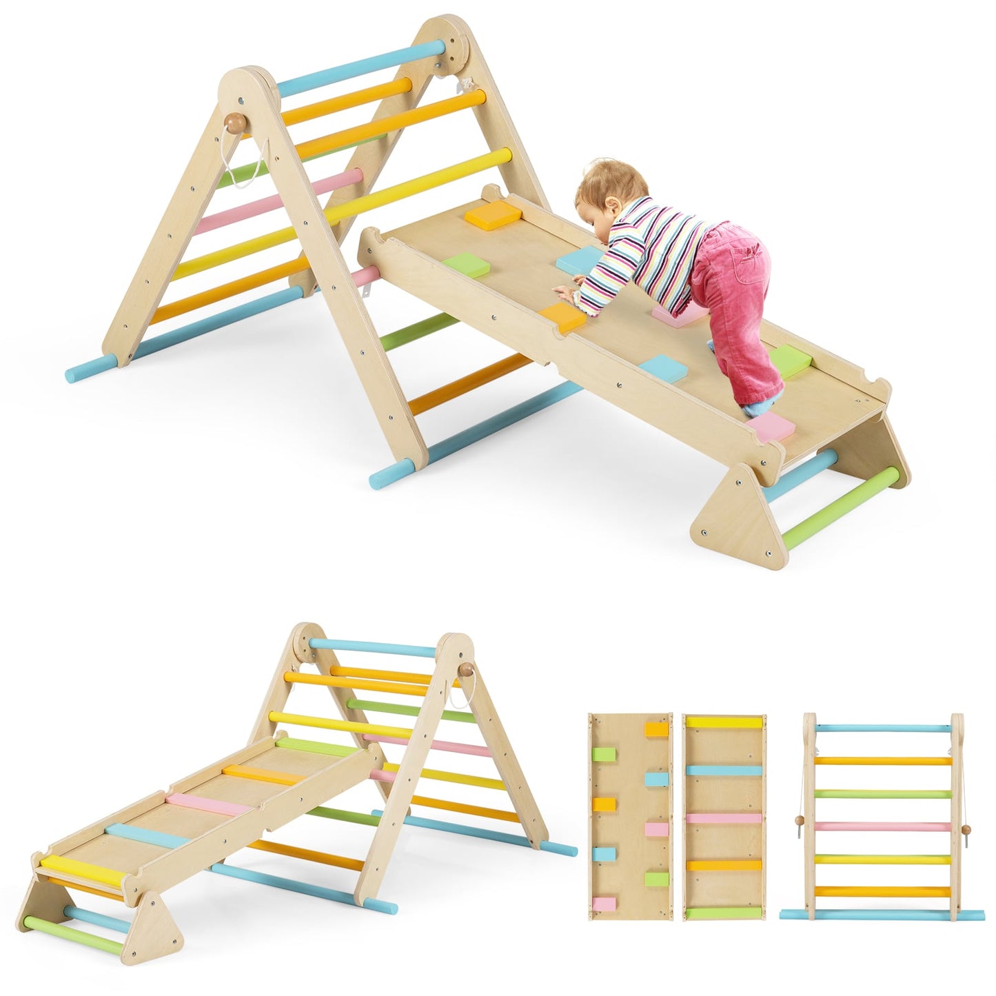3-in-1 Pikler Triangle Climbing Set with Dual-Side Ramp and Adjustable Climbing Triangle-Multicolor