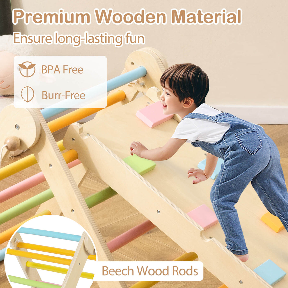 3-in-1 Pikler Triangle Climbing Set with Dual-Side Ramp and Adjustable Climbing Triangle-Multicolor