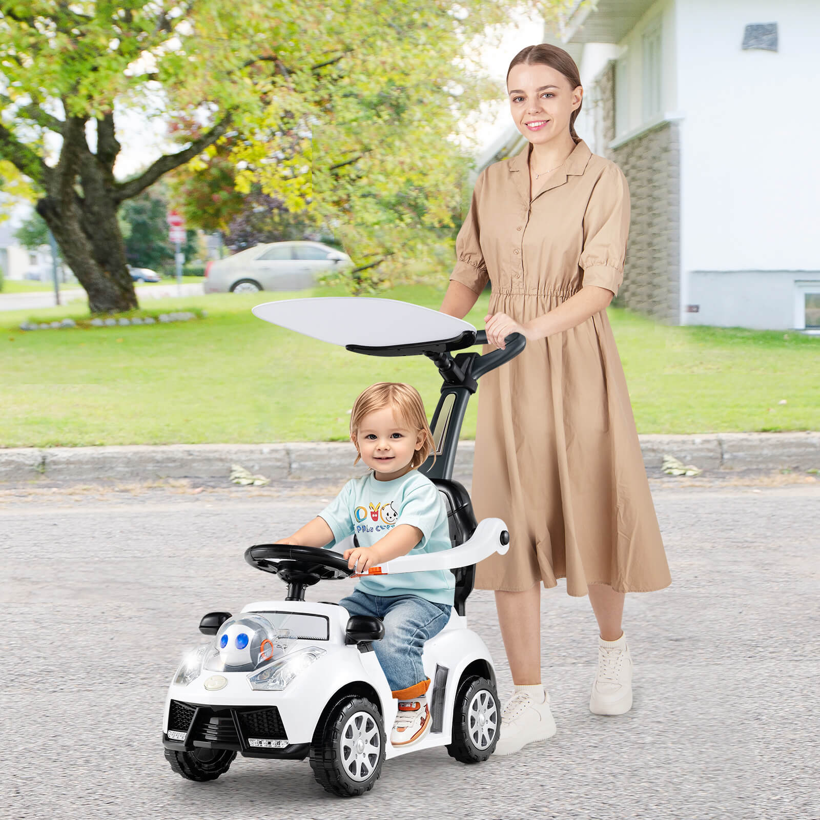 3-in-1 Push Car for Toddler Sliding Car with Seat Belt and Canopy-White