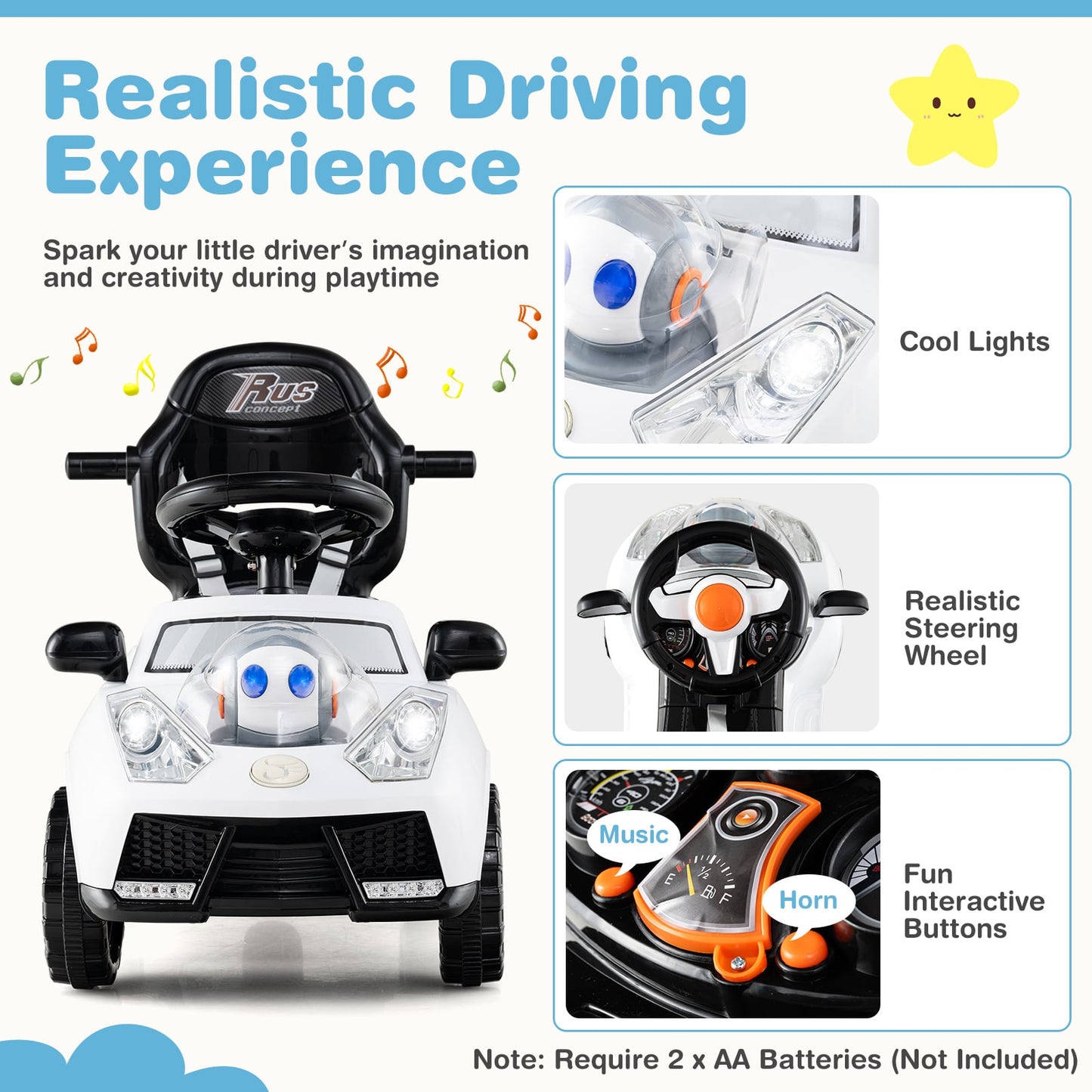3-in-1 Push Car for Toddler Sliding Car with Seat Belt and Canopy-White