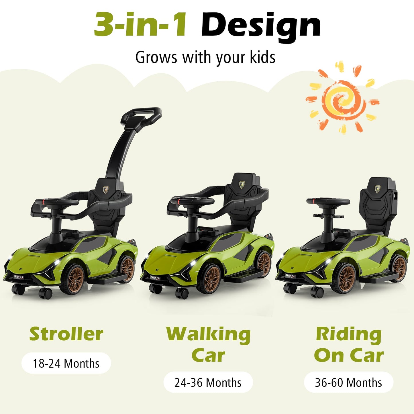 3-in-1 Ride On Push Car with Removable Guardrails and Handle-Green