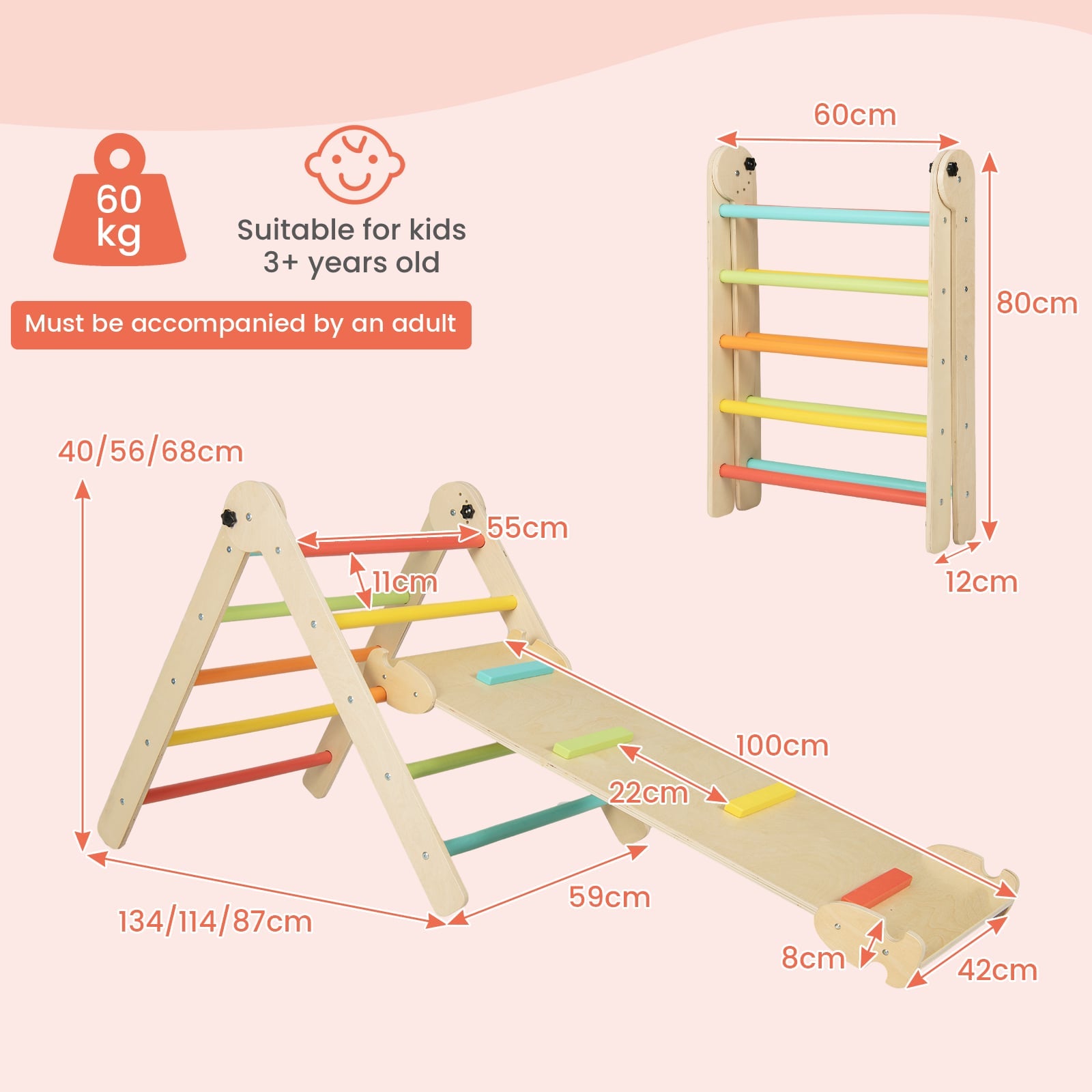 3-in-1 Triangular Climbing Toys Foldable Triangle Set for Toddlers-Colourful