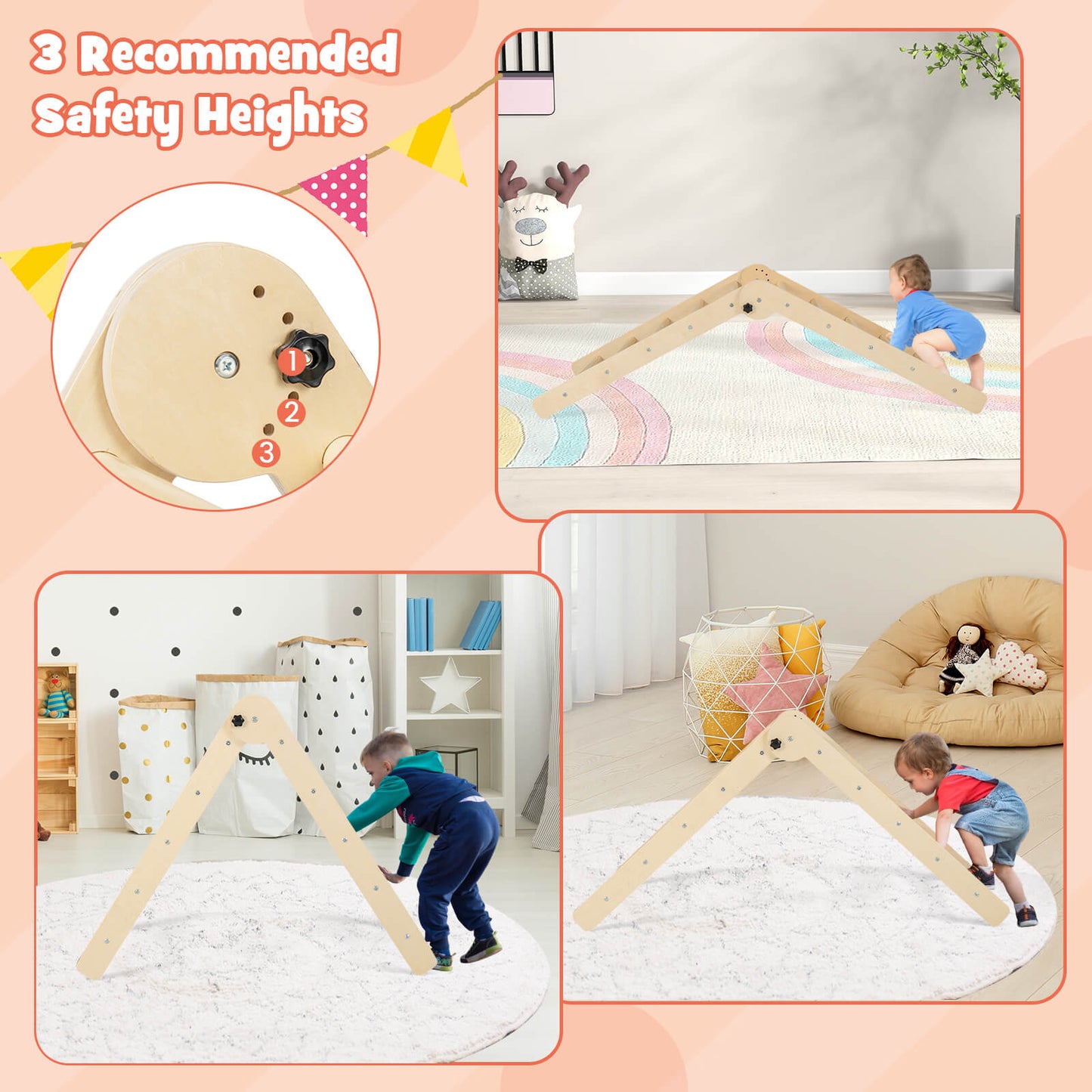 3-in-1 Triangular Climbing Toys Foldable Triangle Set for Toddlers-Natural