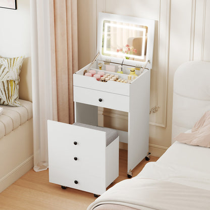 3-in-1 Small Vanity Desk Set with Flip-top Mirror and Lights-White