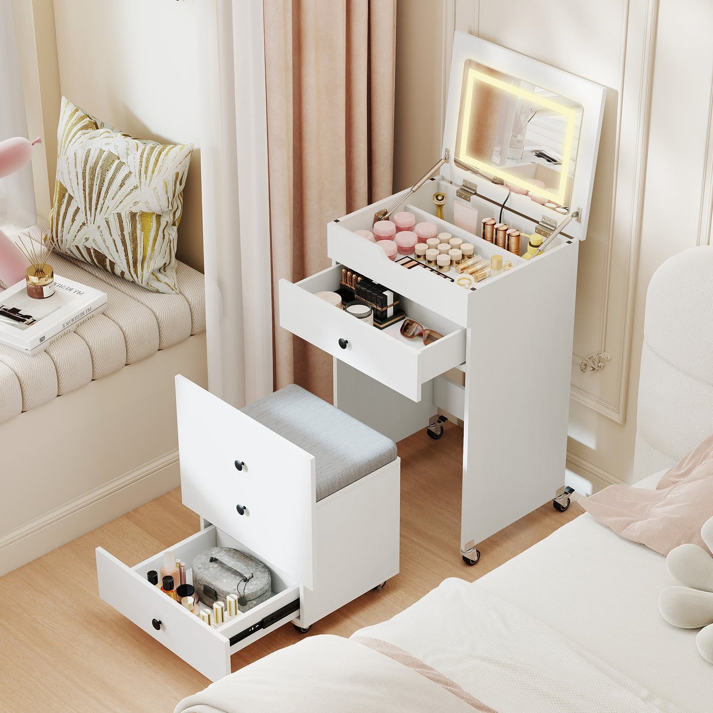 3-in-1 Small Vanity Desk Set with Flip-top Mirror and Lights-White
