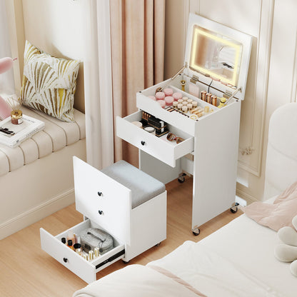 3-in-1 Small Vanity Desk Set with Flip-top Mirror and Lights-White