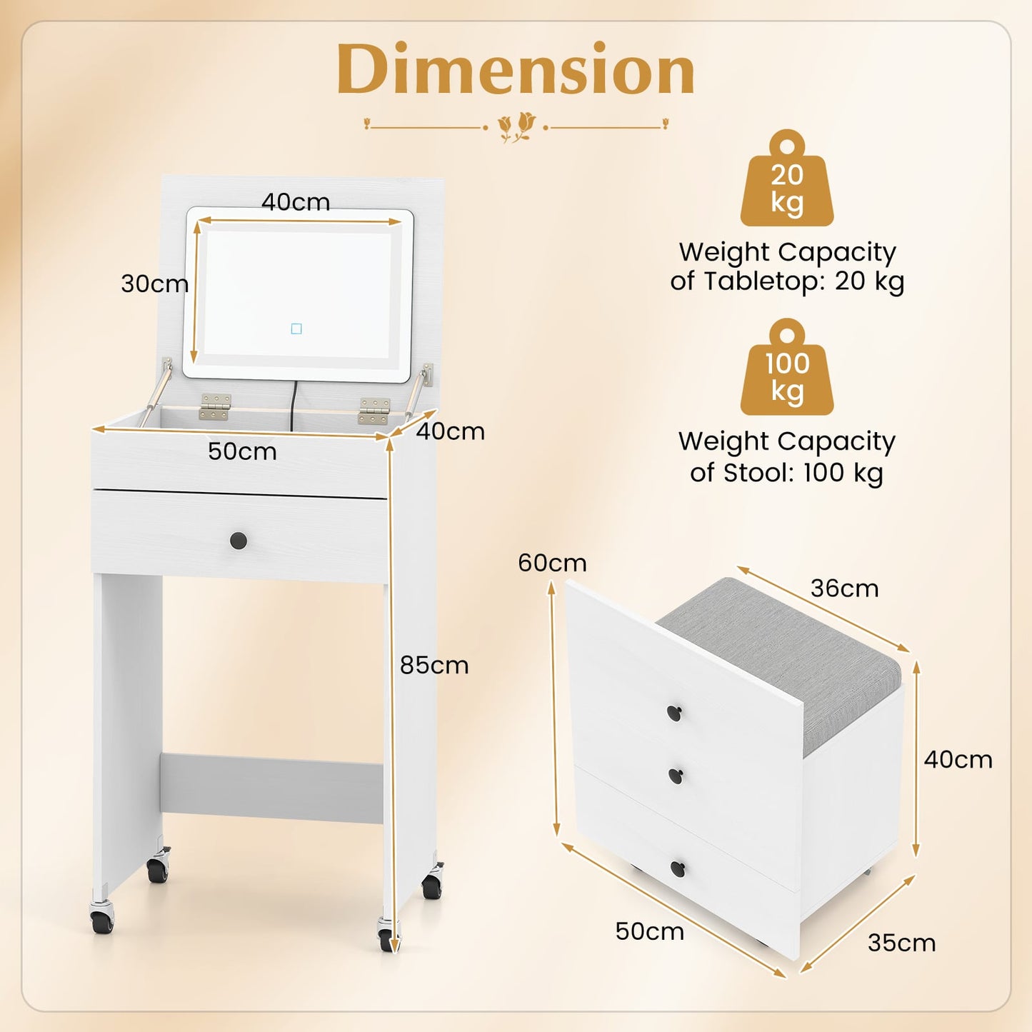 3-in-1 Small Vanity Desk Set with Flip-top Mirror and Lights-White