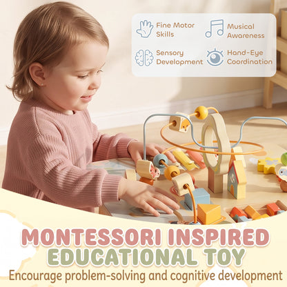 AIYAPLAY Wooden Baby Activity Table, 6 In 1 Montessori Learning Table with Bead Maze, Shape Sorter and Xylophone for 18M-3Y