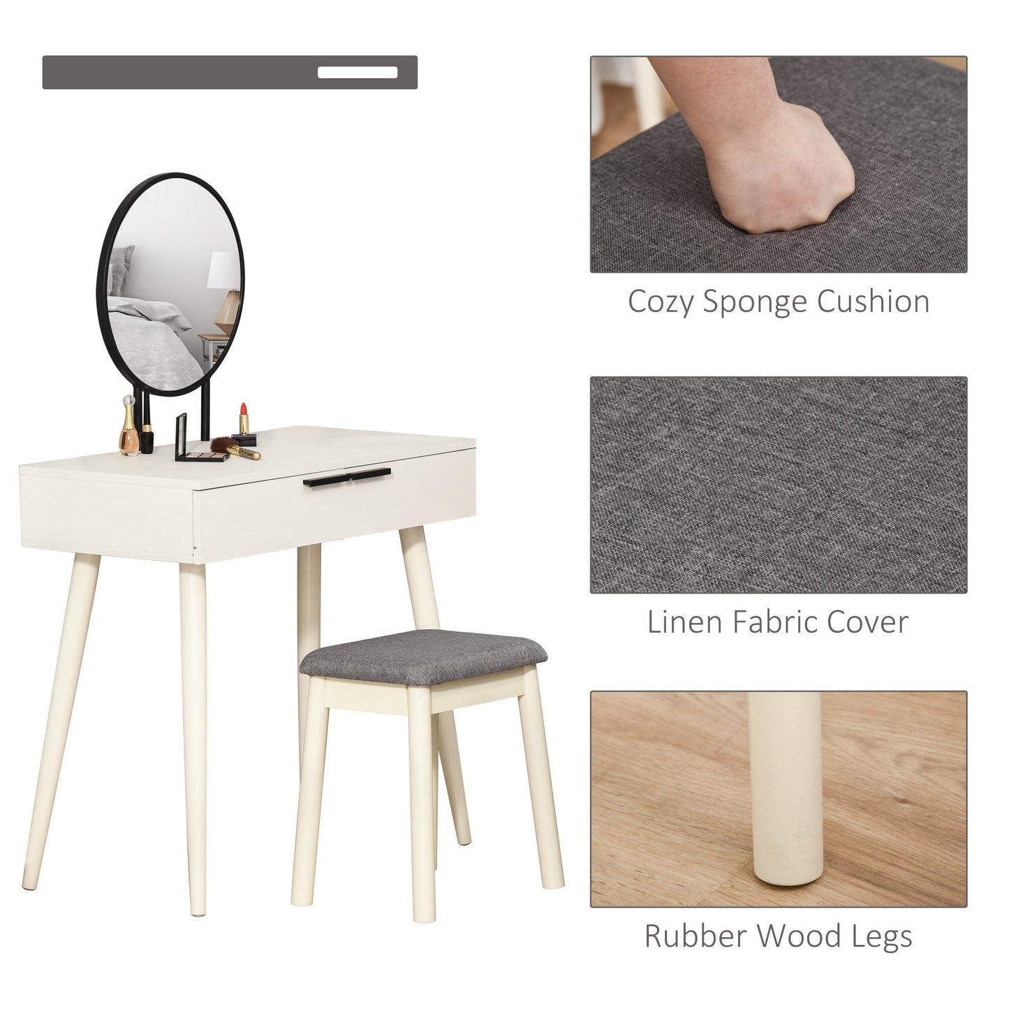 HOMCOM Dressing Table with Mirror and Stool, Vanity Makeup Desk Set with 2 Drawers, Cushioned Stool and Make-up Organiser for Bedroom and Dressing Room, 80 x 40 x 123 cm, White