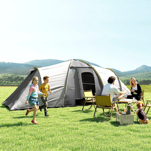 Outsunny Four-Man Tunnel Tent, with Two Bedrooms and Living Room - Grey/Yellow