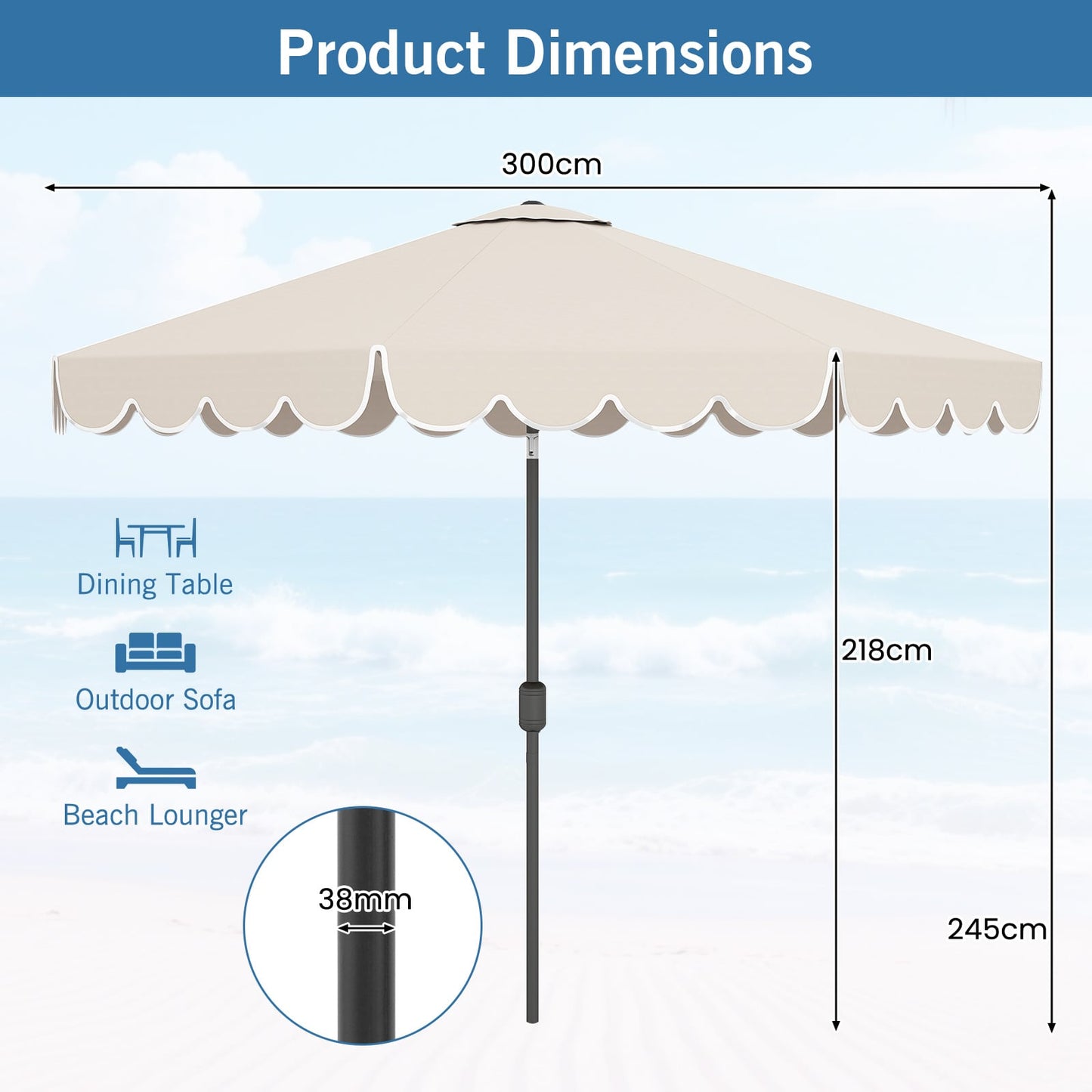 3m Patio Umbrella with Push Button Tilt and Crank-Beige