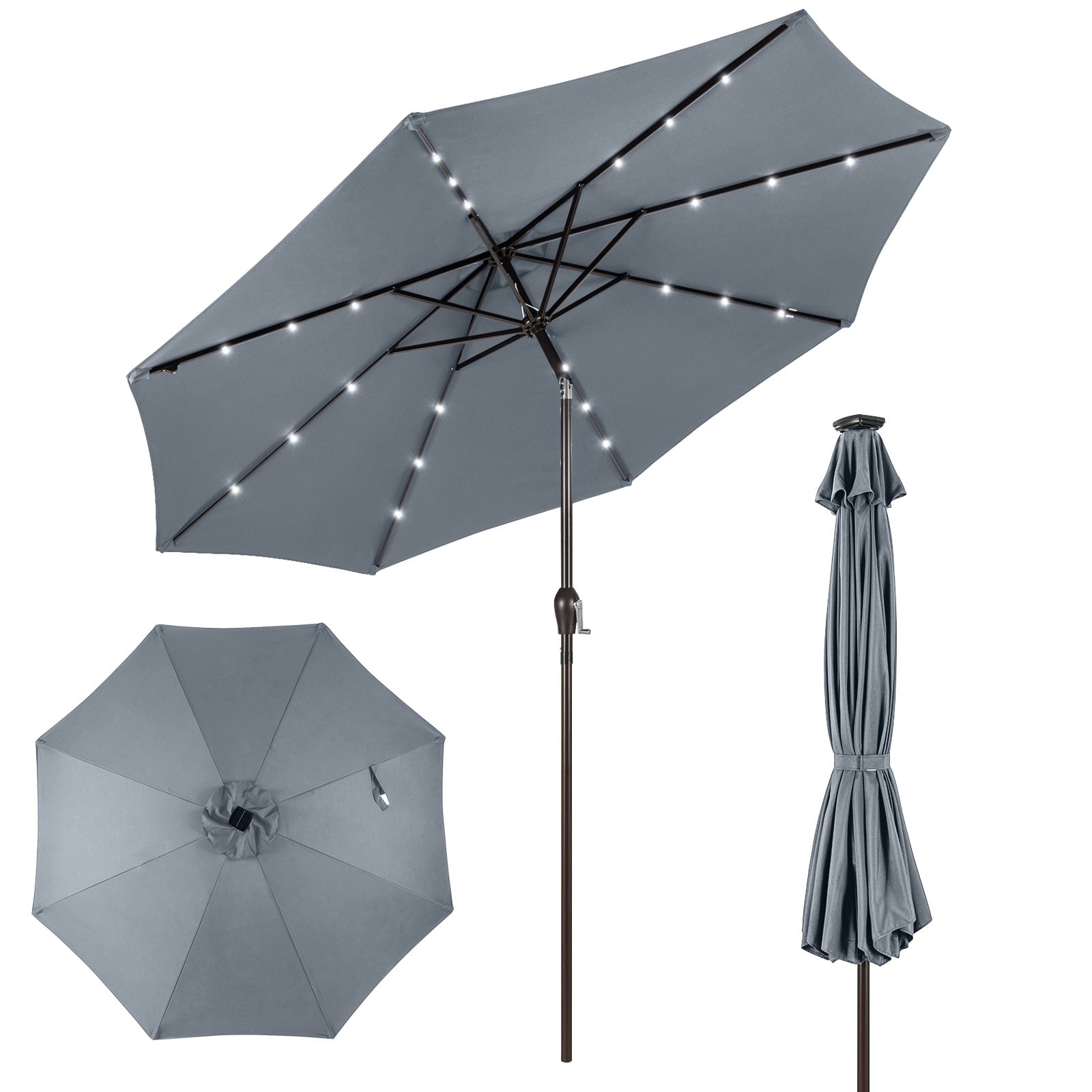 3m Solar Powered LED Lighted Patio Umbrella with Tilt and Crank-Grey