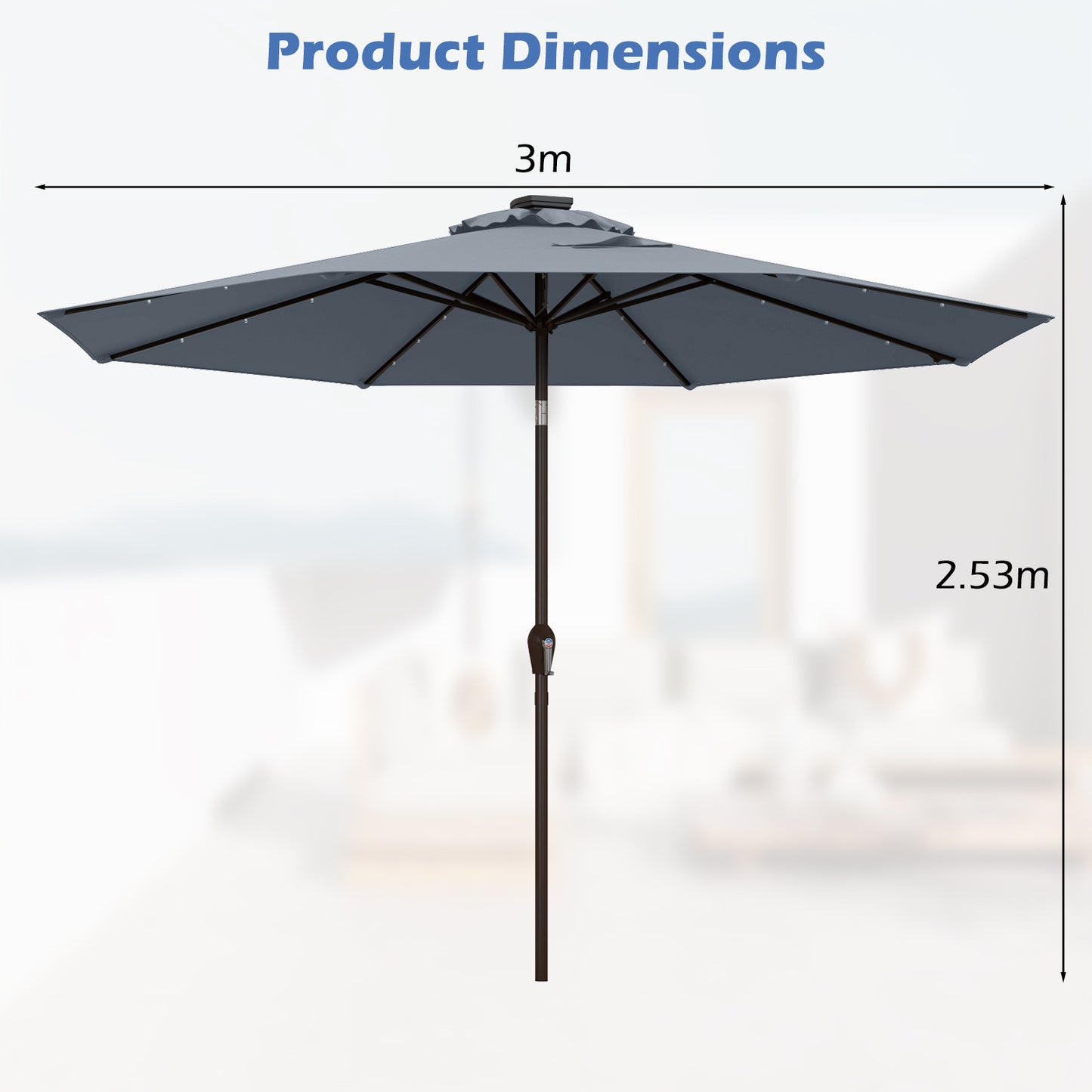 3m Solar Powered LED Lighted Patio Umbrella with Tilt and Crank-Grey