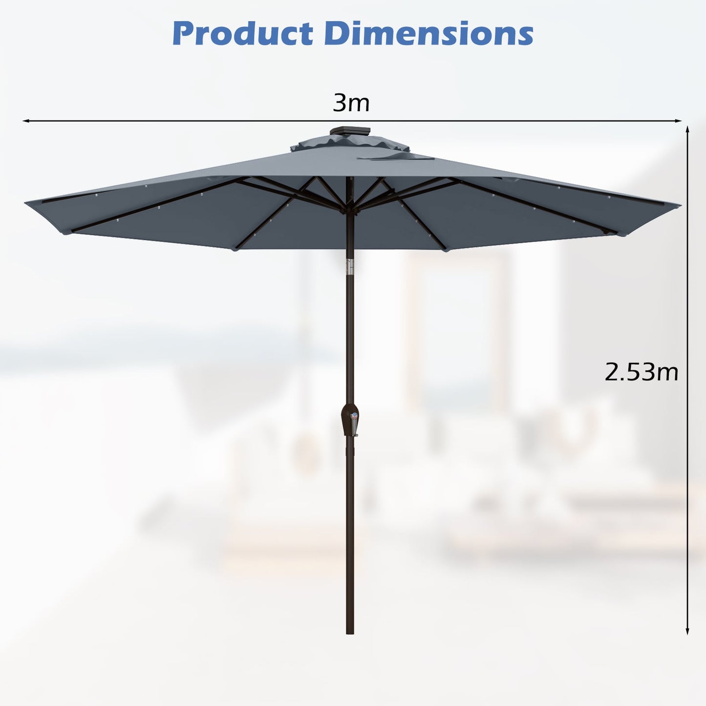 3m Solar Powered LED Lighted Patio Umbrella with Tilt and Crank-Grey