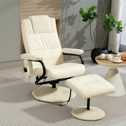 HOMCOM Swivel Recliner Chair and Footstool, Faux Leather Massage Recliner Armchair with Remote Control and Round Wrapped Base, Cream White