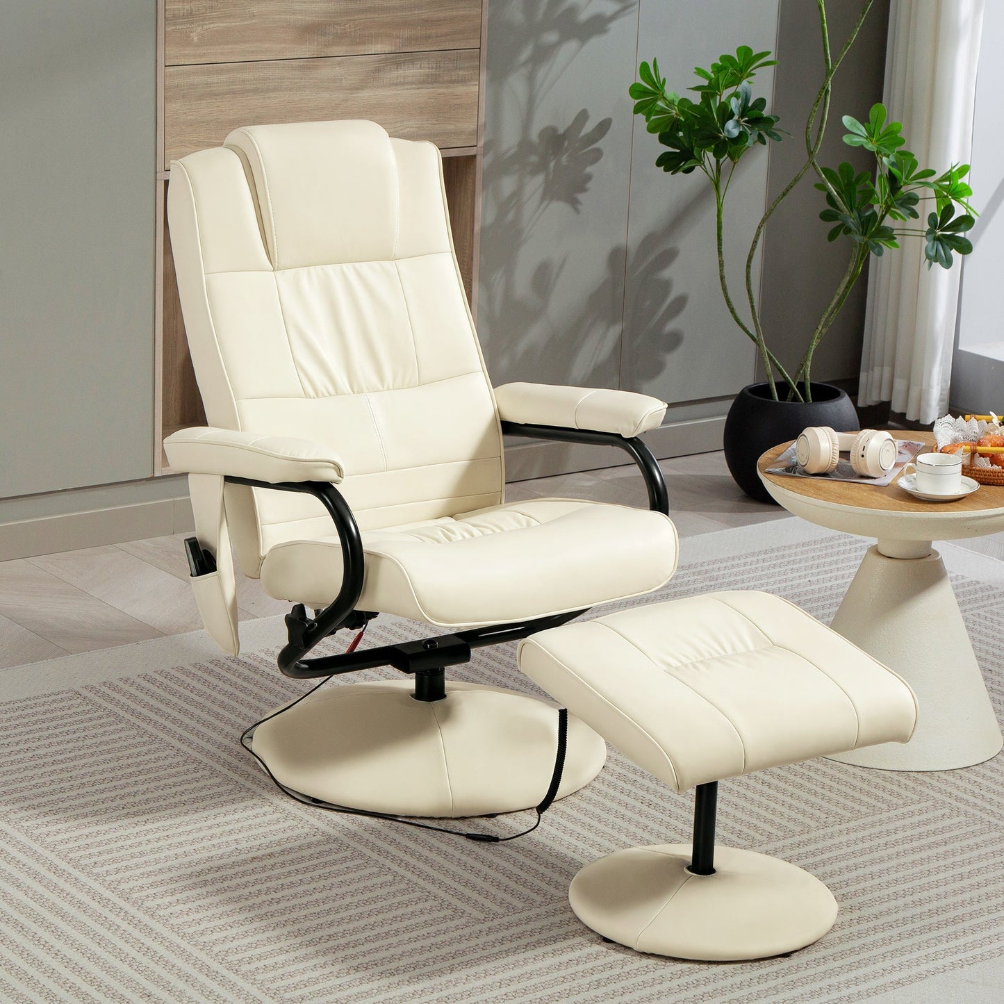 HOMCOM Swivel Recliner Chair and Footstool, Faux Leather Massage Recliner Armchair with Remote Control and Round Wrapped Base, Cream White