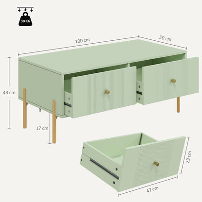 HOMCOM Modern Coffee Table, Living Room Table with Storage, 2 Drawers and Metal legs for Bedroom, Light Green
