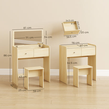 HOMCOM Vanity Desk with Mirror Dressing Table Drawer Set 6 Compartments Storage Stool White and Oak