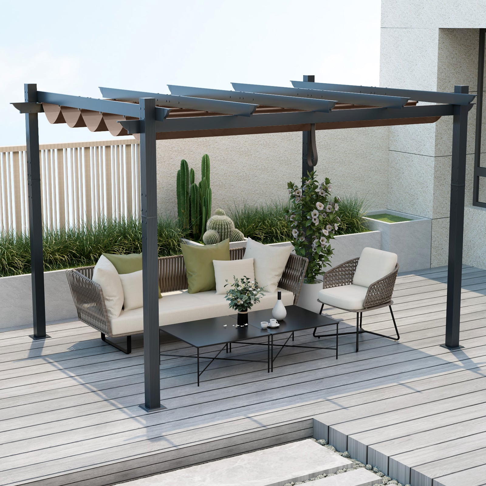 2.9 x 3.6 m Outdoor Retractable Pergola with Canopy Cover-Coffee