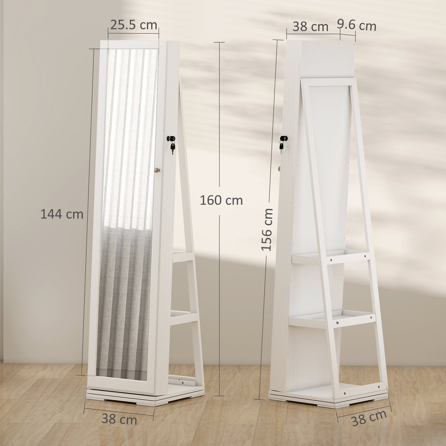 HOMCOM 360° Swivel Jewellery Cabinet, Free Standing Full Length Mirror with Storage, Lockable Jewellery Organiser with Built-in Makeup Mirror and Storage Shelves for Bedroom, White