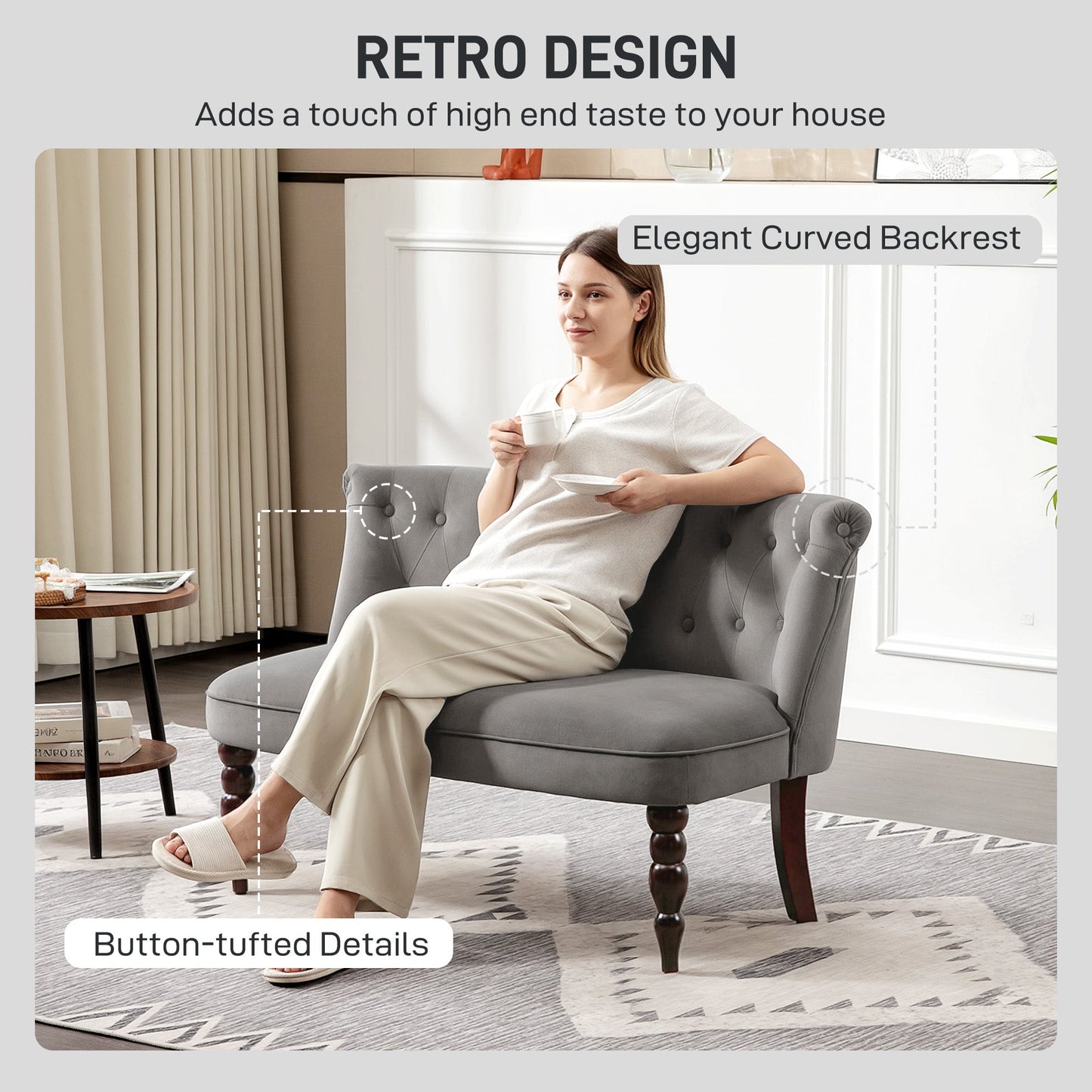 HOMCOM Velvet 2 Seater Sofa, Button Tufted Wingback Loveseat with Rubber Wood Legs for Living Room, Bedroom, Charcoal Grey