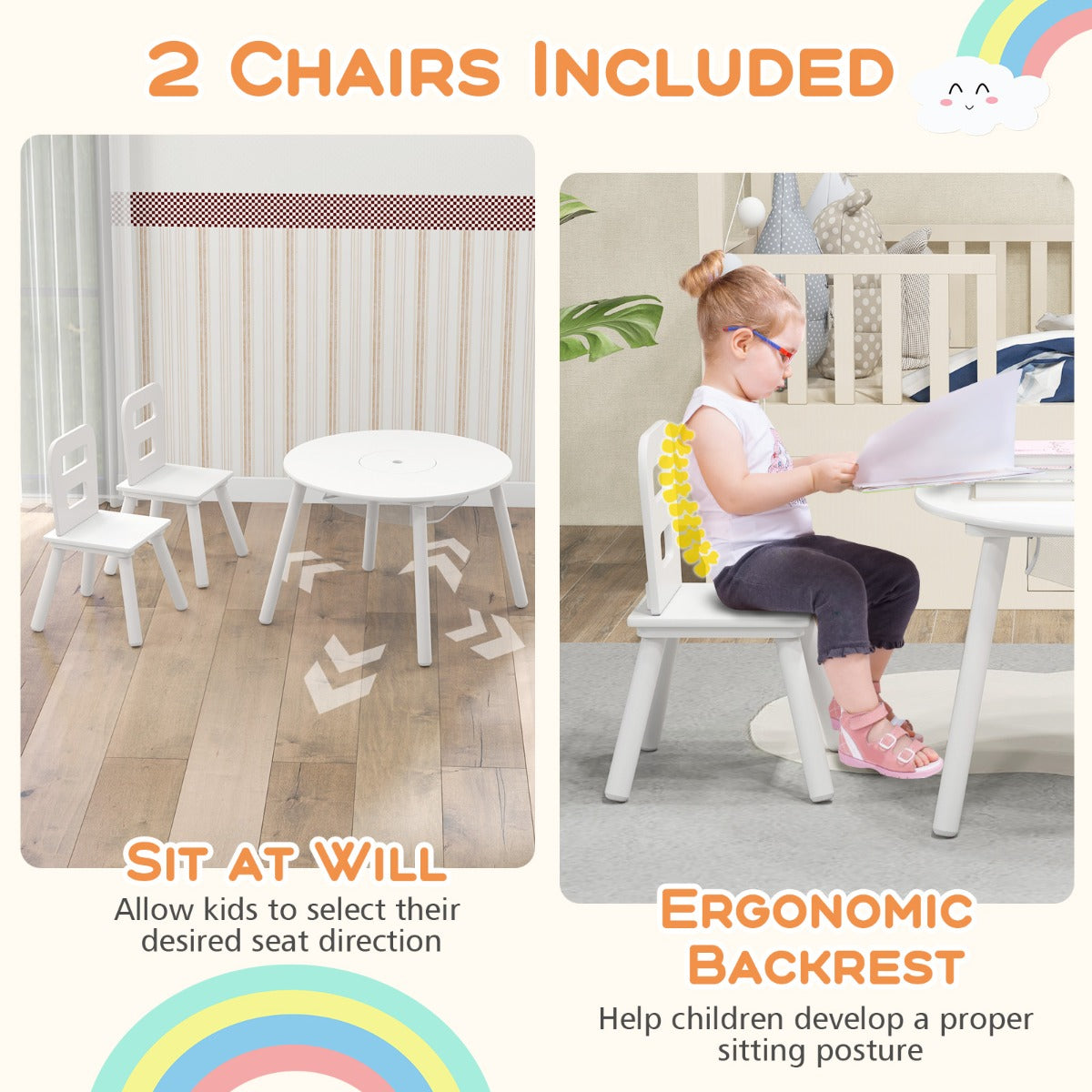 3pcs Wooden Kid's Activity Table Set with Mesh Storage-White