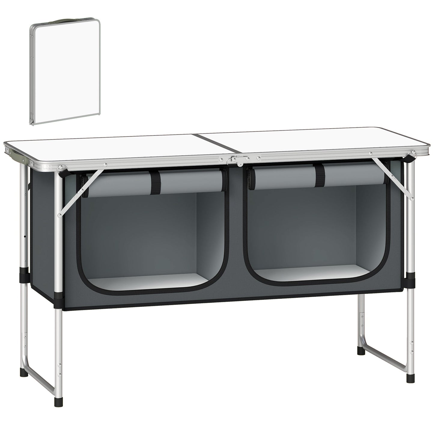 Outsunny Camping Cupboards Folding Portable Aluminium Camp Cook Station with Storage Cupboard for Outdoor BBQ