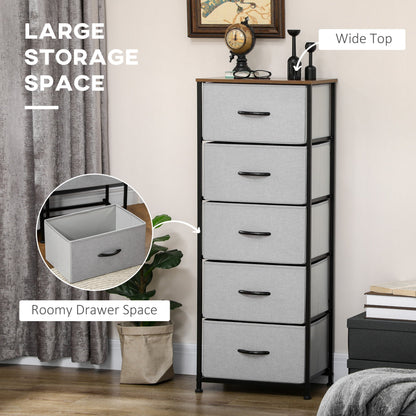 HOMCOM Fabric Chest of Drawers, Industrial Bedroom Dresser with 5 Fabric Drawers, Steel Frame and Wooden Top for Nursery, Living Room, Hallway, Grey