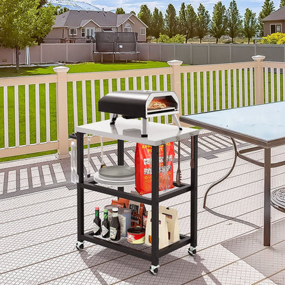 3-tier Outdoor Grill Cart on Wheels with Stainless Steel Top and Handle-Black