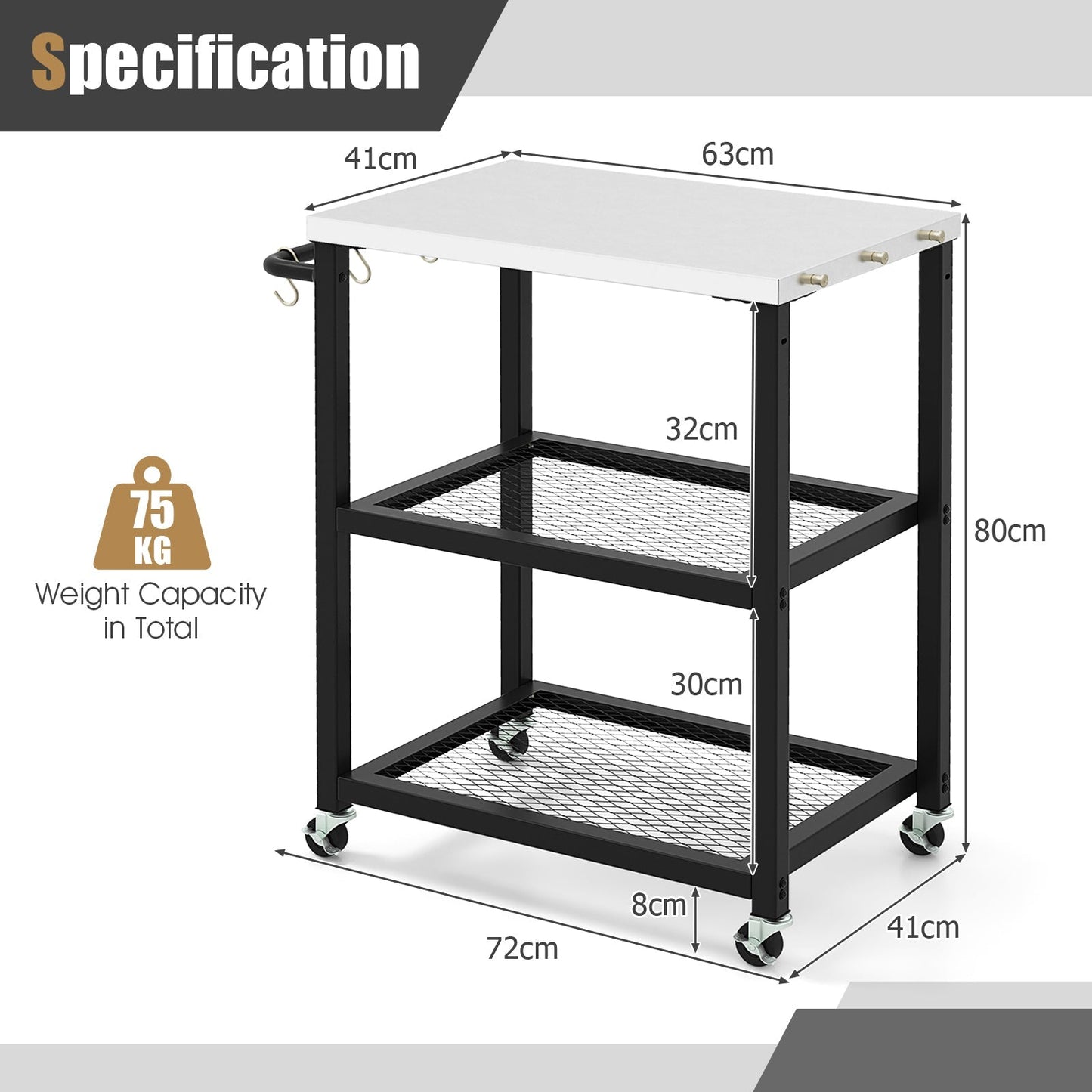 3-tier Outdoor Grill Cart on Wheels with Stainless Steel Top and Handle-Black