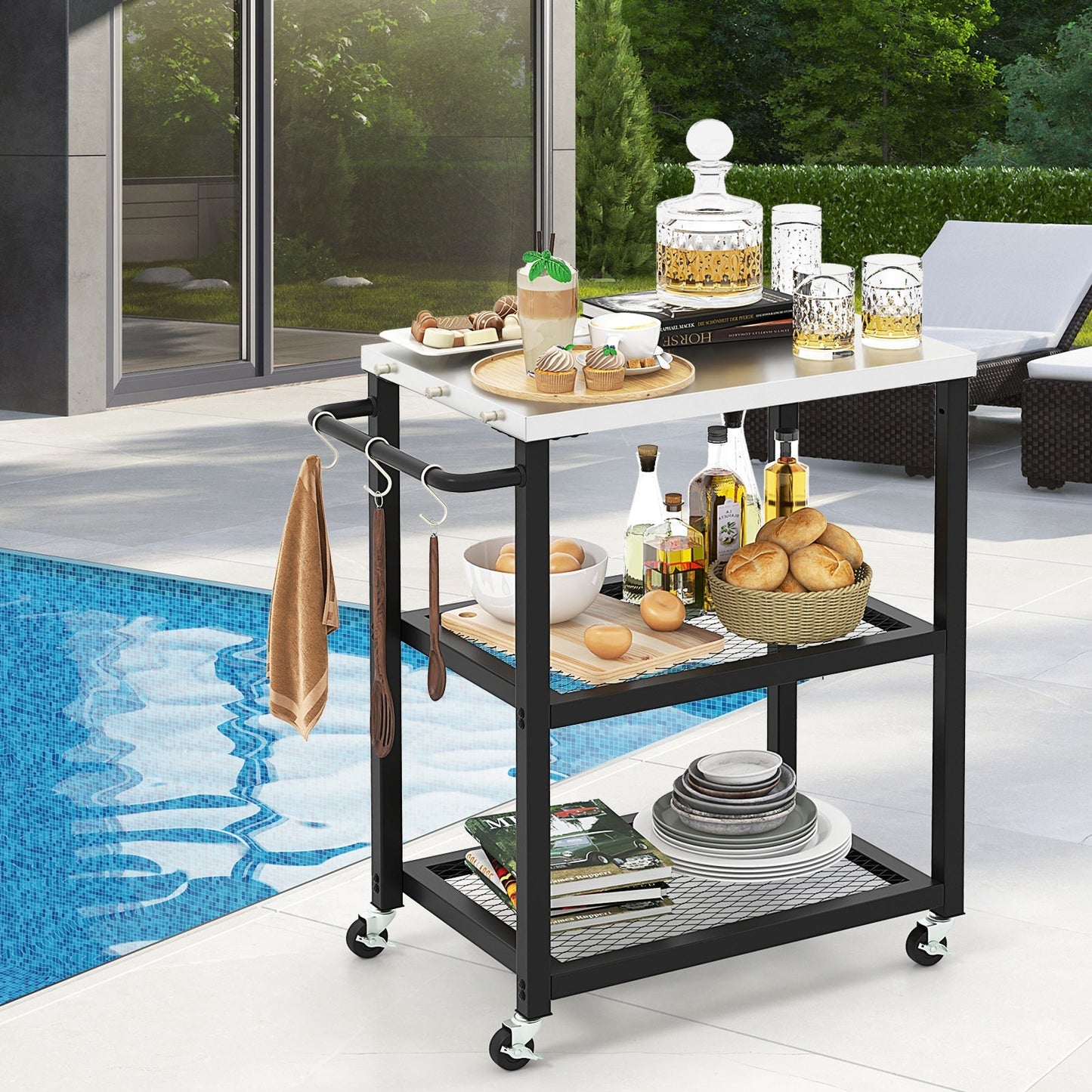 3-tier Outdoor Grill Cart on Wheels with Stainless Steel Top and Handle-Black
