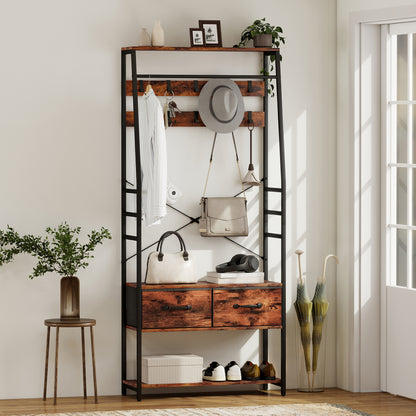 HOMCOM 6-in-1 Industrial-Style Hallway Organiser - Brown/Black