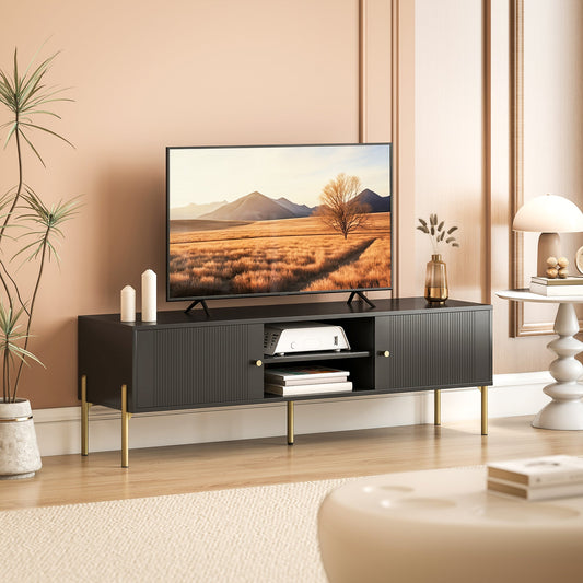 HOMCOM TV Stand for TVs up to 65", Entertainment Center with 2 Open Shelves, 2 Cabinets and Steel Legs for Living Room, Black
