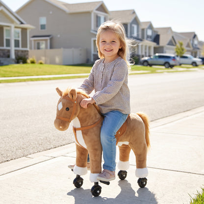AIYAPLAY Rocking Horse, Plush Ride On Horse with Hoof Sounds, Music, Rolling Wheels and Pedal for 3-7 Years, Up to 50kg, Brown