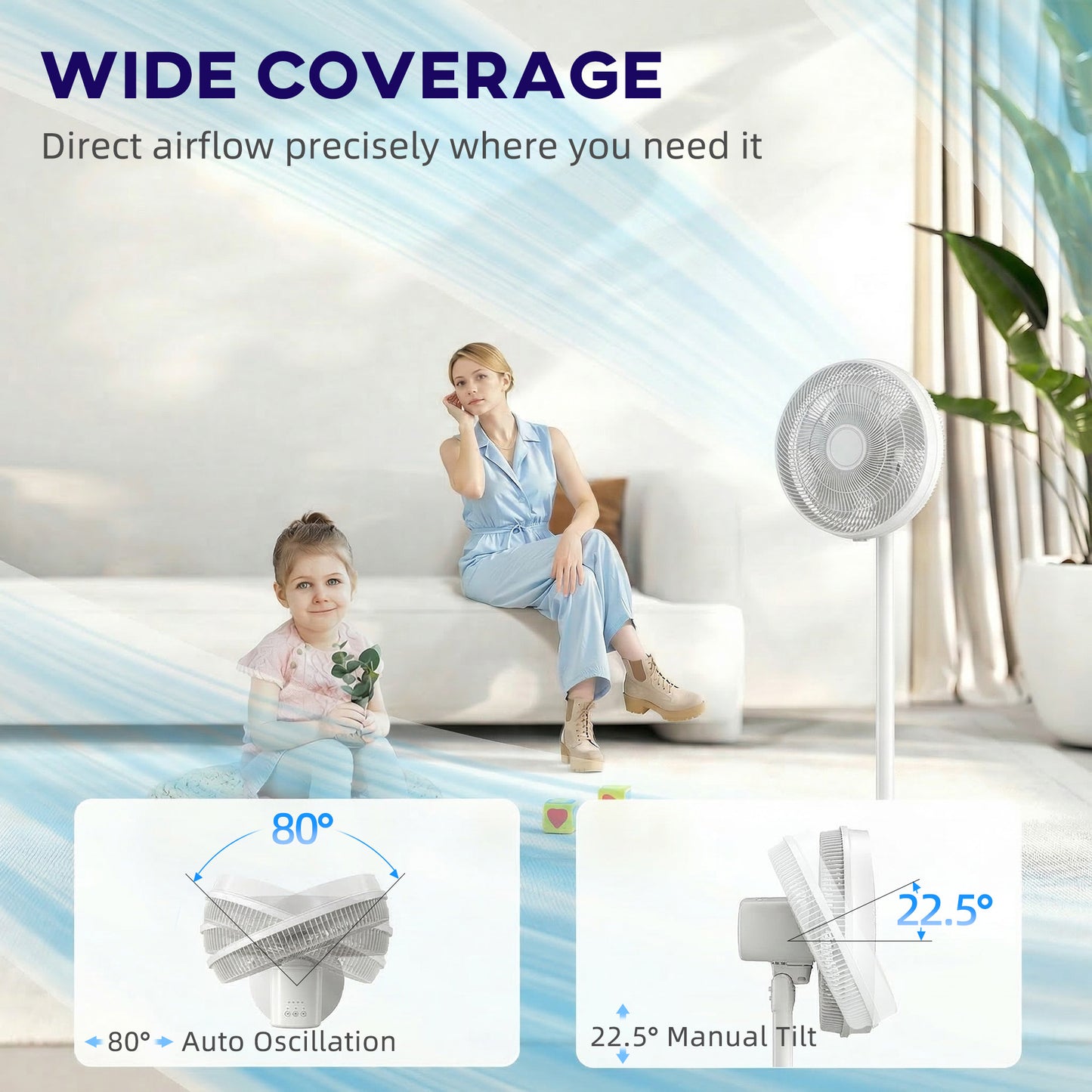 HOMCOM 40 cm Standing Fan, Cooling Floor Fan with 80° Oscillating, Adjustable Tilt and Height, 4 Speed, Remote Control, White