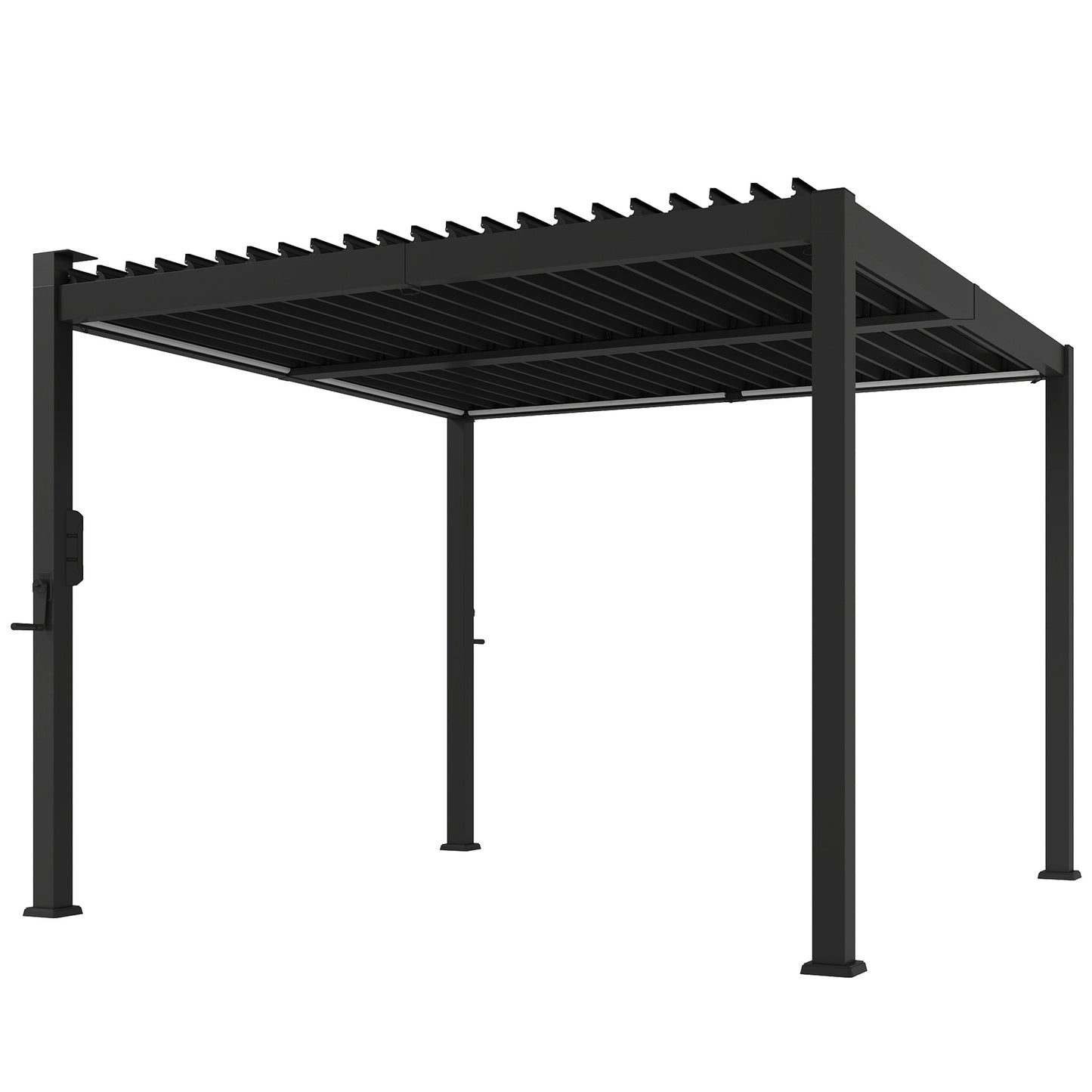 Outsunny 3 x 3 m Louvered Pergola with Solar LED lights, Metal Roof, Patio Gazebo Pergola Canopy with Drainage Gutters, Black
