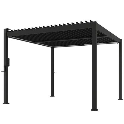 Outsunny 3 x 3 m Louvered Pergola with Solar LED lights, Metal Roof, Patio Gazebo Pergola Canopy with Drainage Gutters, Black