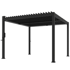 Outsunny 3 x 3 m Louvered Pergola with Solar LED lights, Metal Roof, Patio Gazebo Pergola Canopy with Drainage Gutters, Black