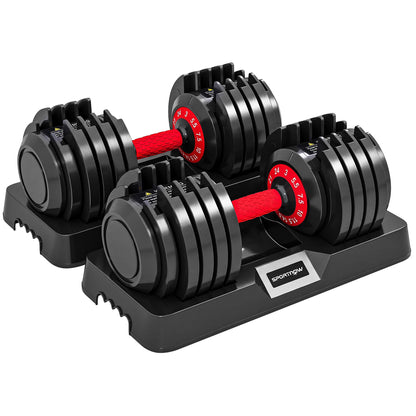 SPORTNOW 24kg Adjustable Dumbbell Set of 2, 10-in-1 Dumbbell Weights with Quick-Dial System, Safety Lock, Non-Slip Grip, Storage Tray, Space-Saving Free Weights for Home Gym Strength Training