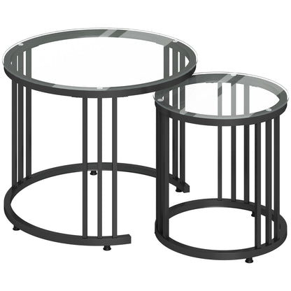 HOMCOM Round Coffee Tables Set of 2, Nesting Tables with Tempered Glass Top and Steel Frame, Black