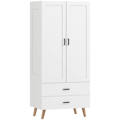 HOMCOM 2-Door Wardrobe, Modern Wardrobe with 2 Drawers and Hanging Rail for Bedroom, White