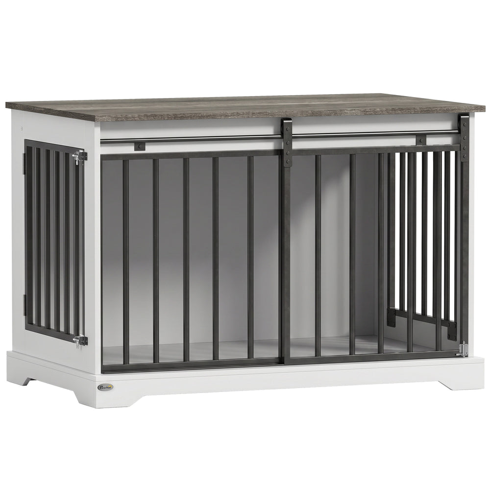 PawHut 100 cm Large Dog Crate Furniture with Sliding Barn Door for Large Dogs, White