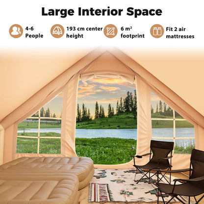 4-6 People Inflatable Tent with 4 Mesh Screen Windows and 2 Doors-Beige