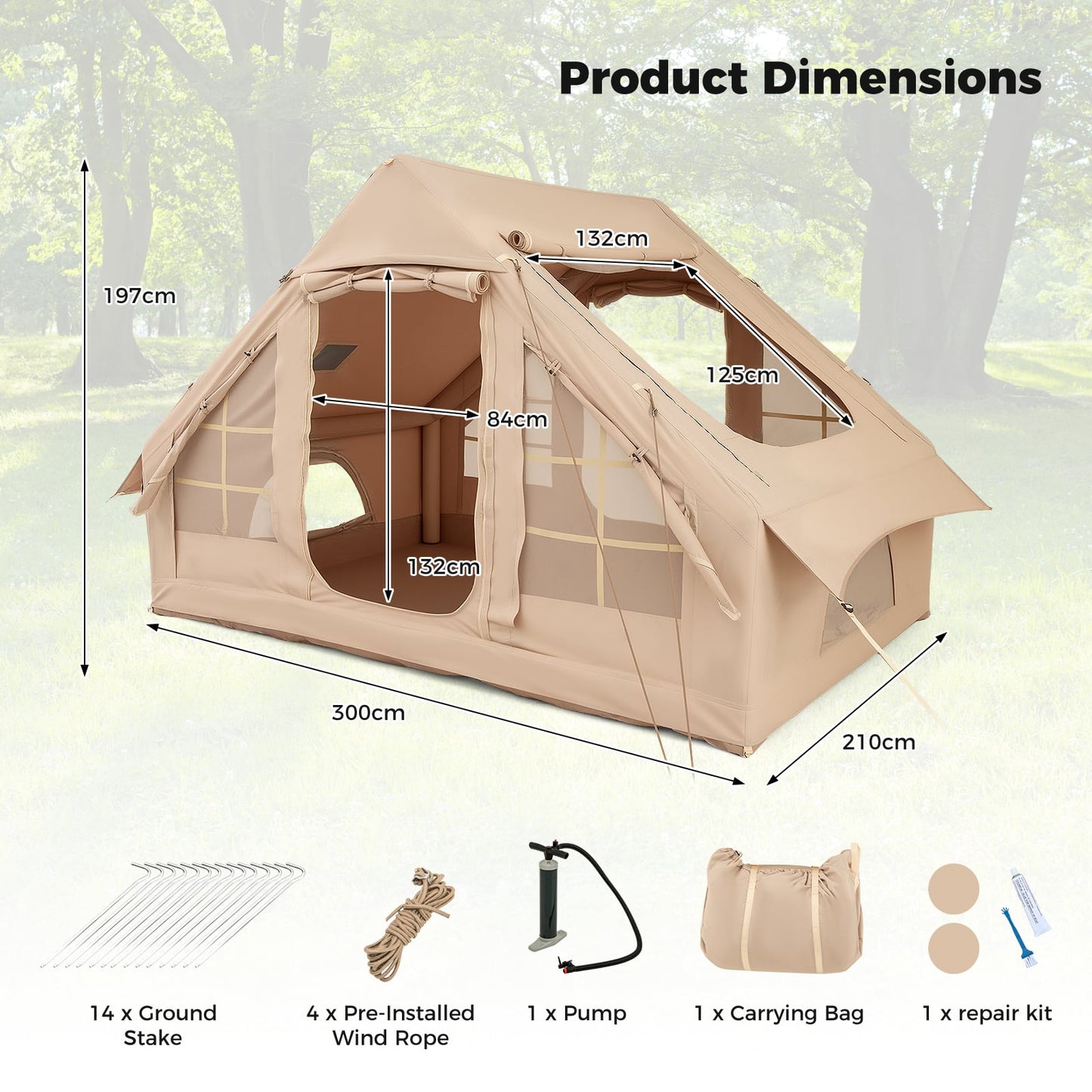 4-6 People Inflatable Tent with 4 Mesh Screen Windows and 2 Doors-Beige