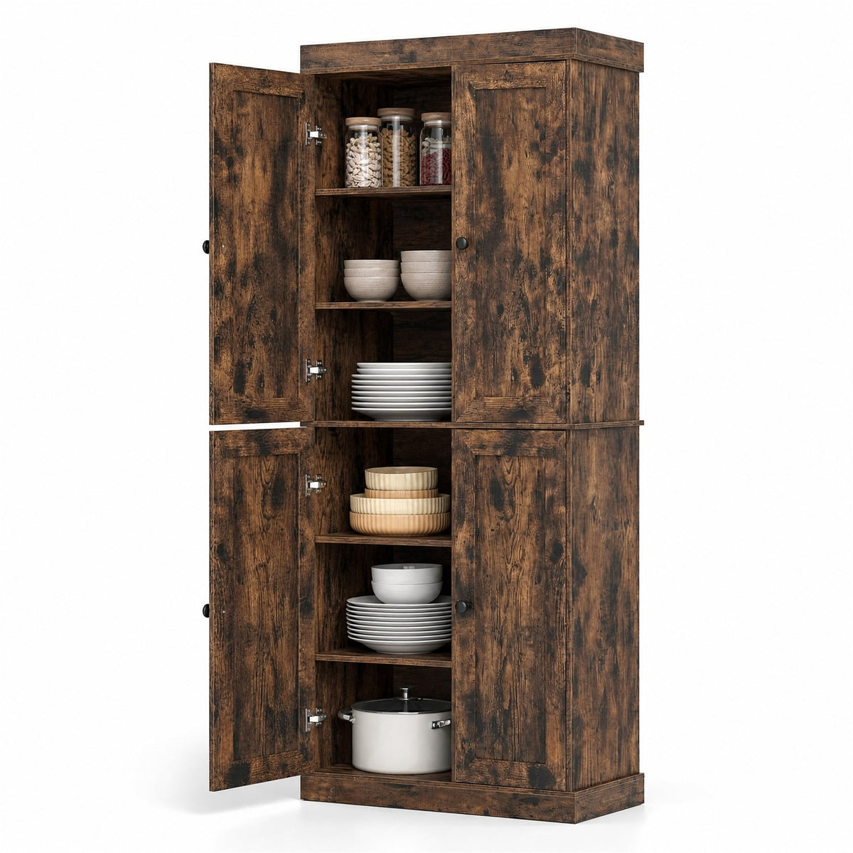 4-Door Modern Freestanding Storage Organizer with 2 Adjustable Shelves-Rustic Brown