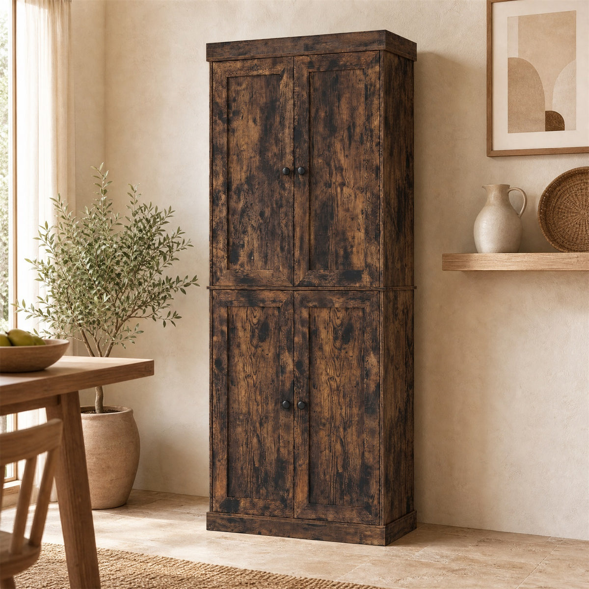4-Door Modern Freestanding Storage Organizer with 2 Adjustable Shelves-Rustic Brown