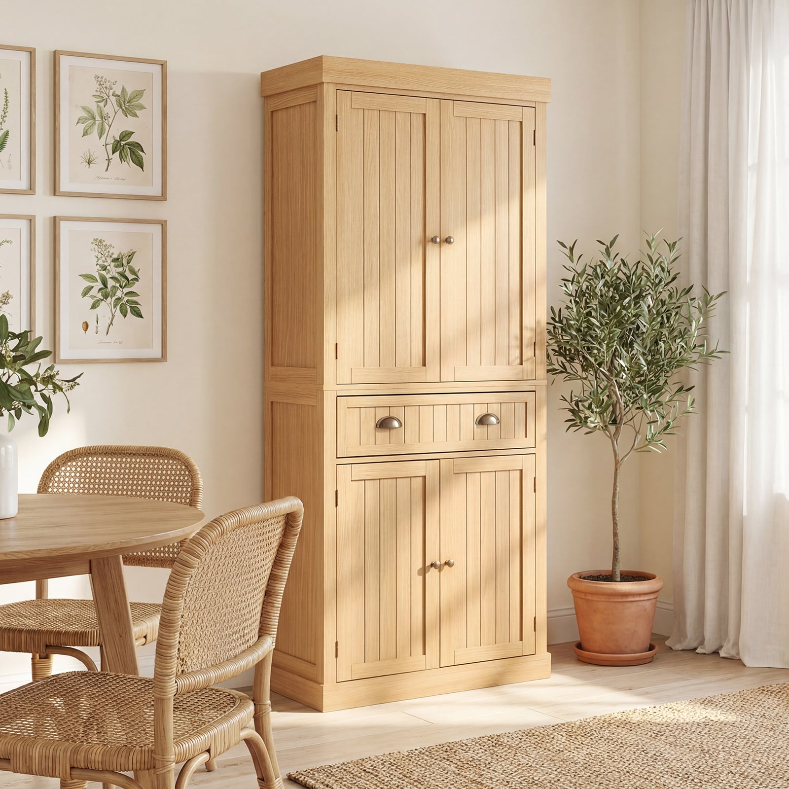 4-Door Tall Kitchen Cupboard Adjustable Shelves and Drawer-Natural