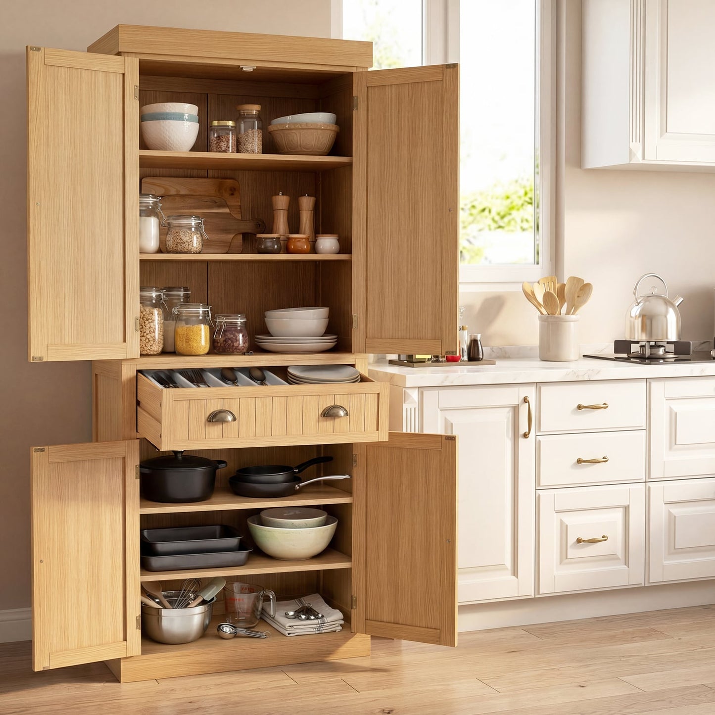 4-Door Tall Kitchen Cupboard Adjustable Shelves and Drawer-Natural